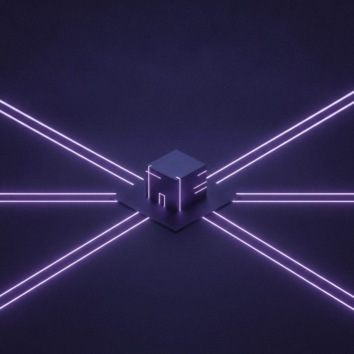 Five stylized attack paths drawn as muted purple lines converging on a single company building, clean and clear against a dark background