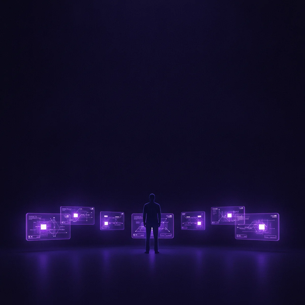 A single figure calmly overseeing several tidy status boards in a dark room lit in soft purple, conveying prepared, unhurried incident response