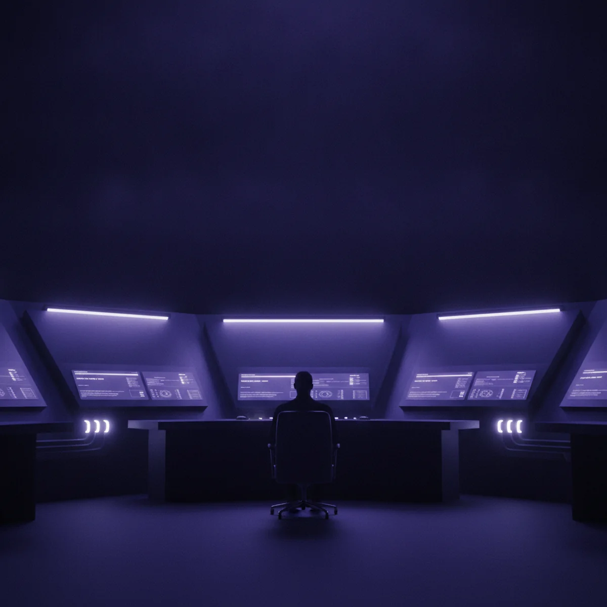 An orderly security command center at night with calm purple readouts and a person overseeing several well-sorted status panels